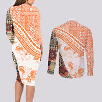 Hawaiian Tapa Couples Matching Long Sleeve Bodycon Dress and Long Sleeve Button Shirt Traditional Vintage Pattern Orange LT05 - Polynesian Pride