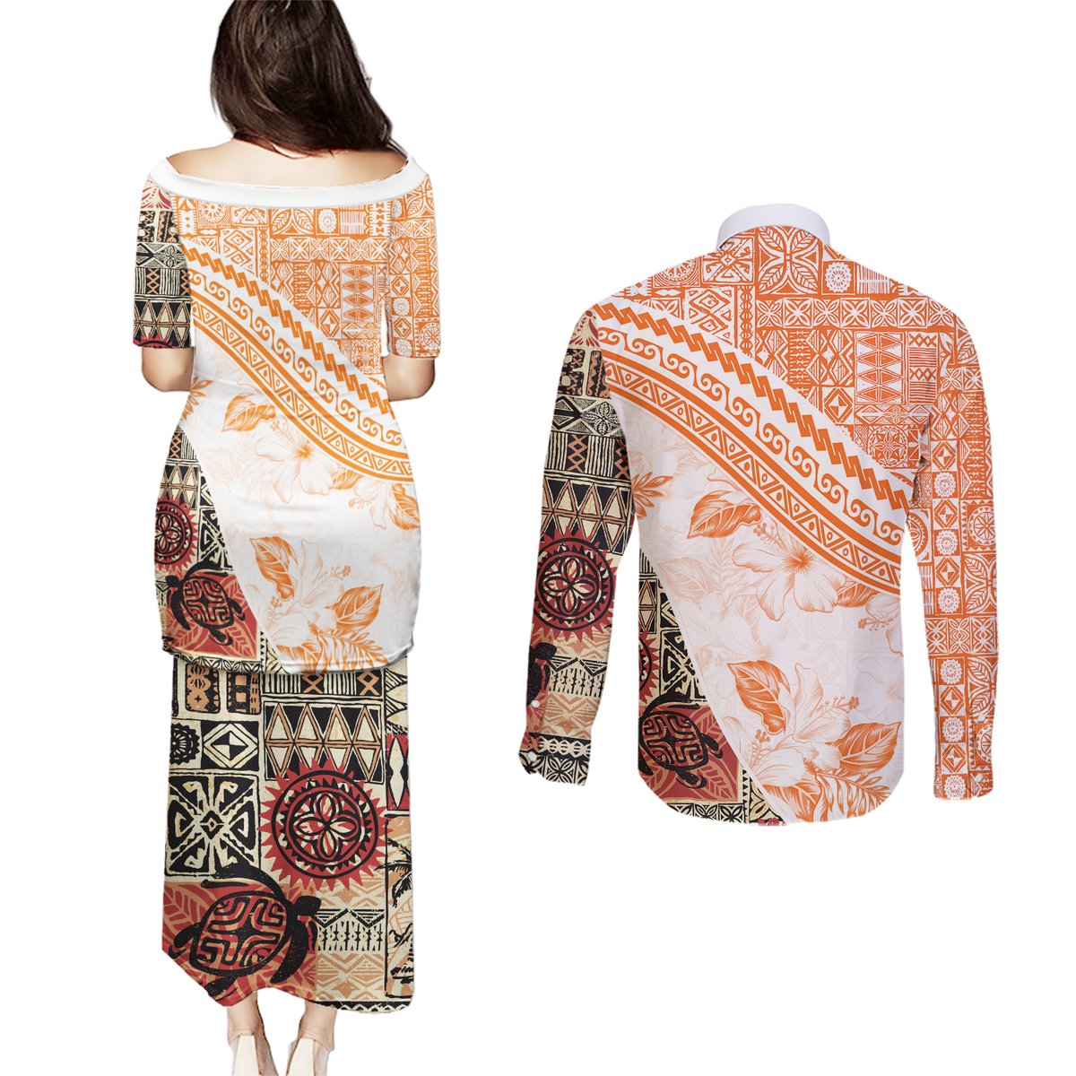 Hawaiian Tapa Couples Matching Puletasi Dress and Long Sleeve Button Shirt Traditional Vintage Pattern Orange LT05 - Polynesian Pride