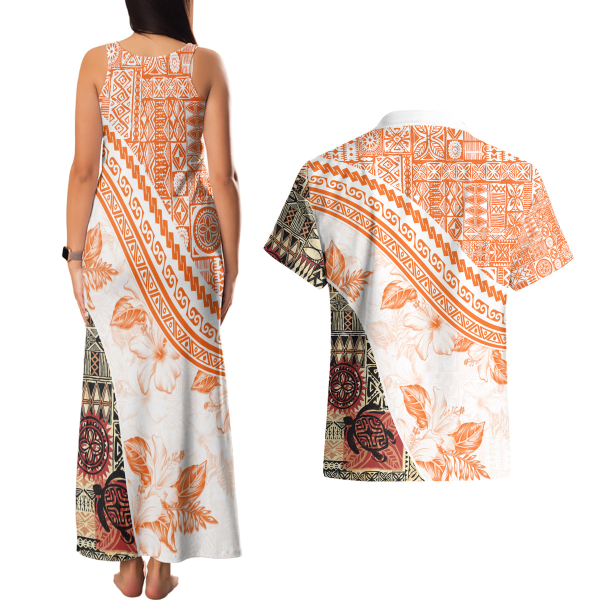 Hawaiian Tapa Couples Matching Tank Maxi Dress and Hawaiian Shirt Traditional Vintage Pattern Orange LT05 - Polynesian Pride