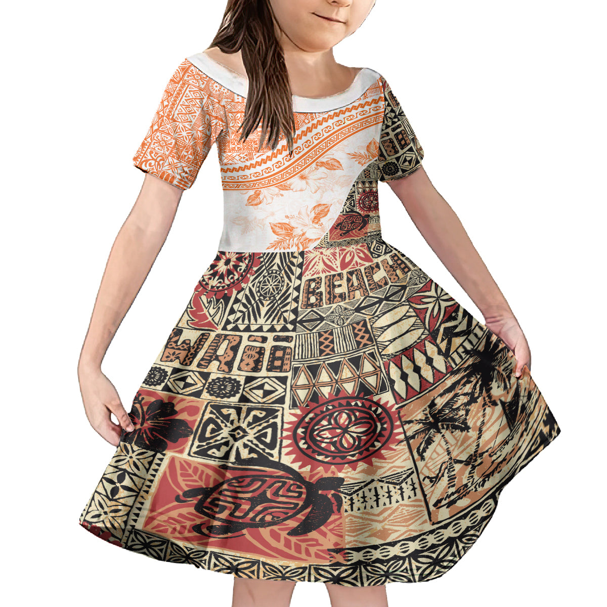 Hawaiian Tapa Family Matching Long Sleeve Bodycon Dress and Hawaiian Shirt Traditional Vintage Pattern Orange LT05 Daughter's Dress Orange - Polynesian Pride