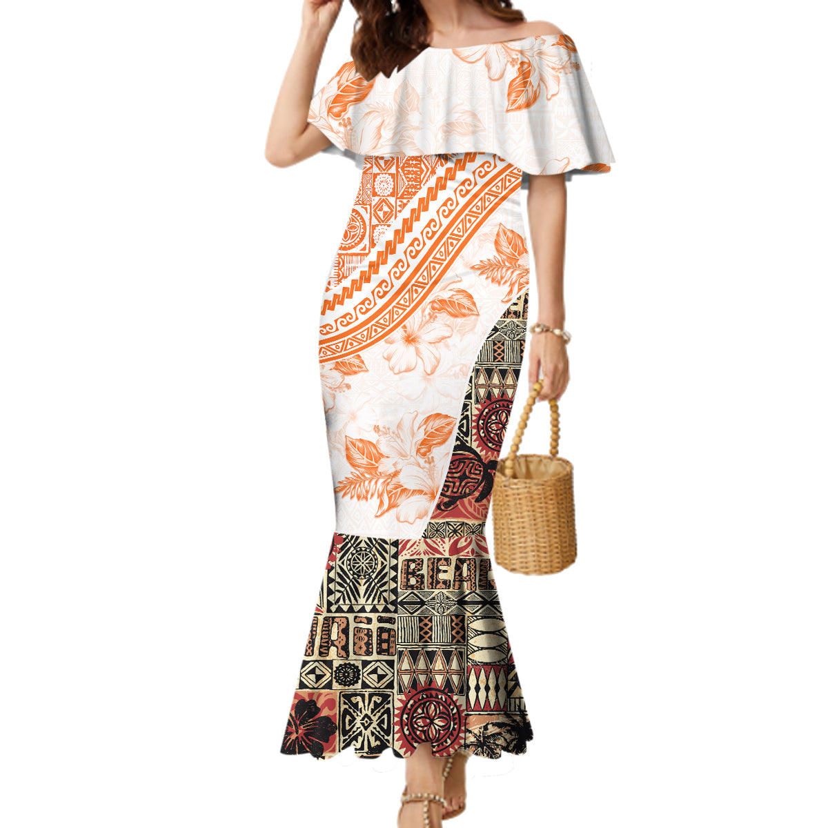 Hawaiian Tapa Family Matching Mermaid Dress and Hawaiian Shirt Traditional Vintage Pattern Orange LT05 Mom's Dress Orange - Polynesian Pride