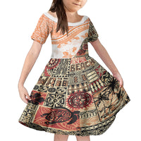 Hawaiian Tapa Family Matching Off Shoulder Long Sleeve Dress and Hawaiian Shirt Traditional Vintage Pattern Orange LT05 Daughter's Dress Orange - Polynesian Pride