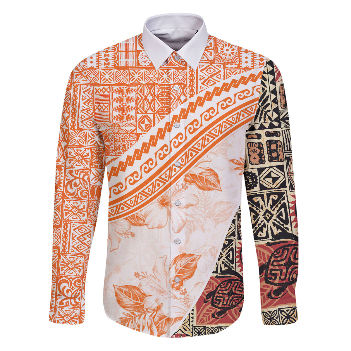 Hawaiian Tapa Family Matching Puletasi Dress and Hawaiian Shirt Traditional Vintage Pattern Orange LT05 Dad's Shirt - Long Sleeve Orange - Polynesian Pride