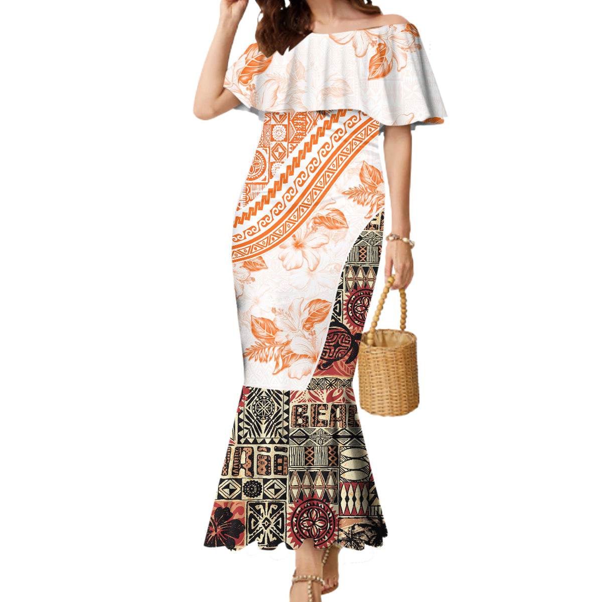 Hawaiian Tapa Mermaid Dress Traditional Vintage Pattern Orange LT05 Women Orange - Polynesian Pride