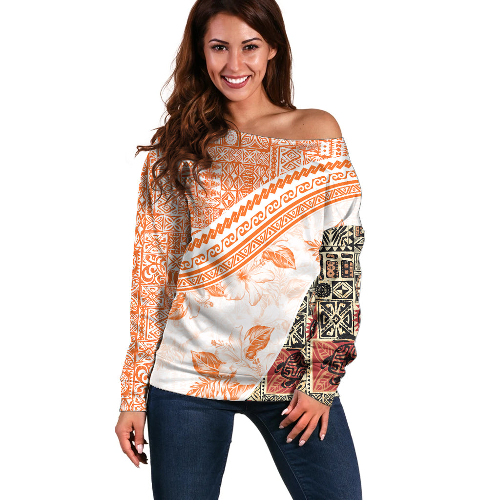 Hawaiian Tapa Off Shoulder Sweater Traditional Vintage Pattern Orange LT05 Women Orange - Polynesian Pride