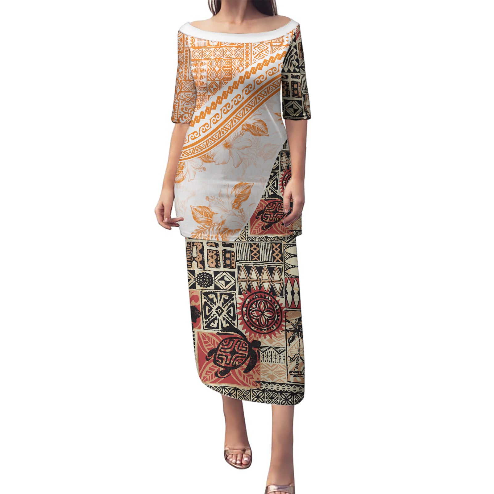 Hawaiian Tapa Puletasi Traditional Vintage Pattern Orange LT05 Long Dress Orange - Polynesian Pride