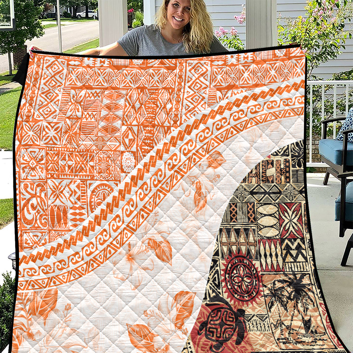 Hawaiian Tapa Quilt Traditional Vintage Pattern Orange LT05 Orange - Polynesian Pride