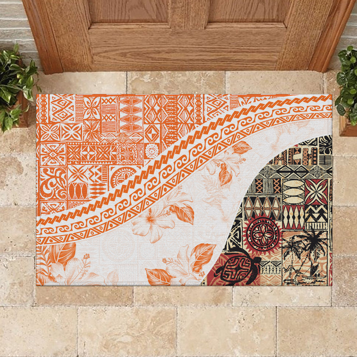 Hawaiian Tapa Rubber Doormat Traditional Vintage Pattern Orange LT05 - Polynesian Pride
