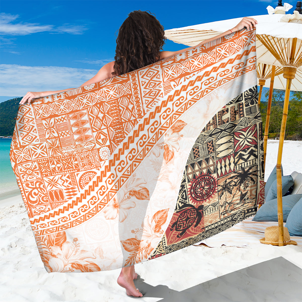 Hawaiian Tapa Sarong Traditional Vintage Pattern Orange LT05 One Size 44 x 66 inches Orange - Polynesian Pride