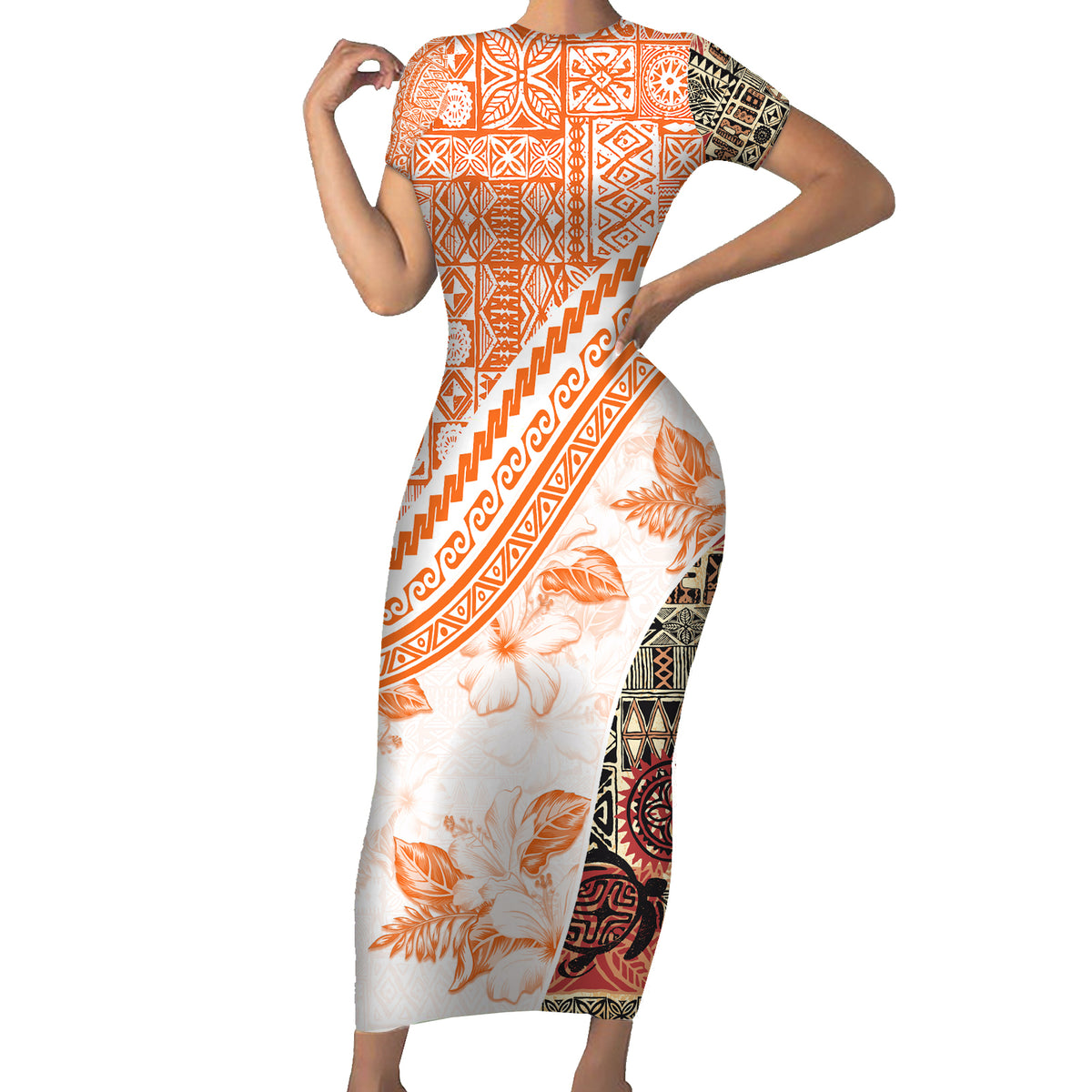 Hawaiian Tapa Short Sleeve Bodycon Dress Traditional Vintage Pattern Orange LT05 Long Dress Orange - Polynesian Pride