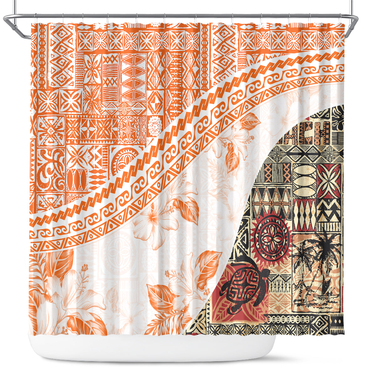 Hawaiian Tapa Shower Curtain Traditional Vintage Pattern Orange LT05 Orange - Polynesian Pride