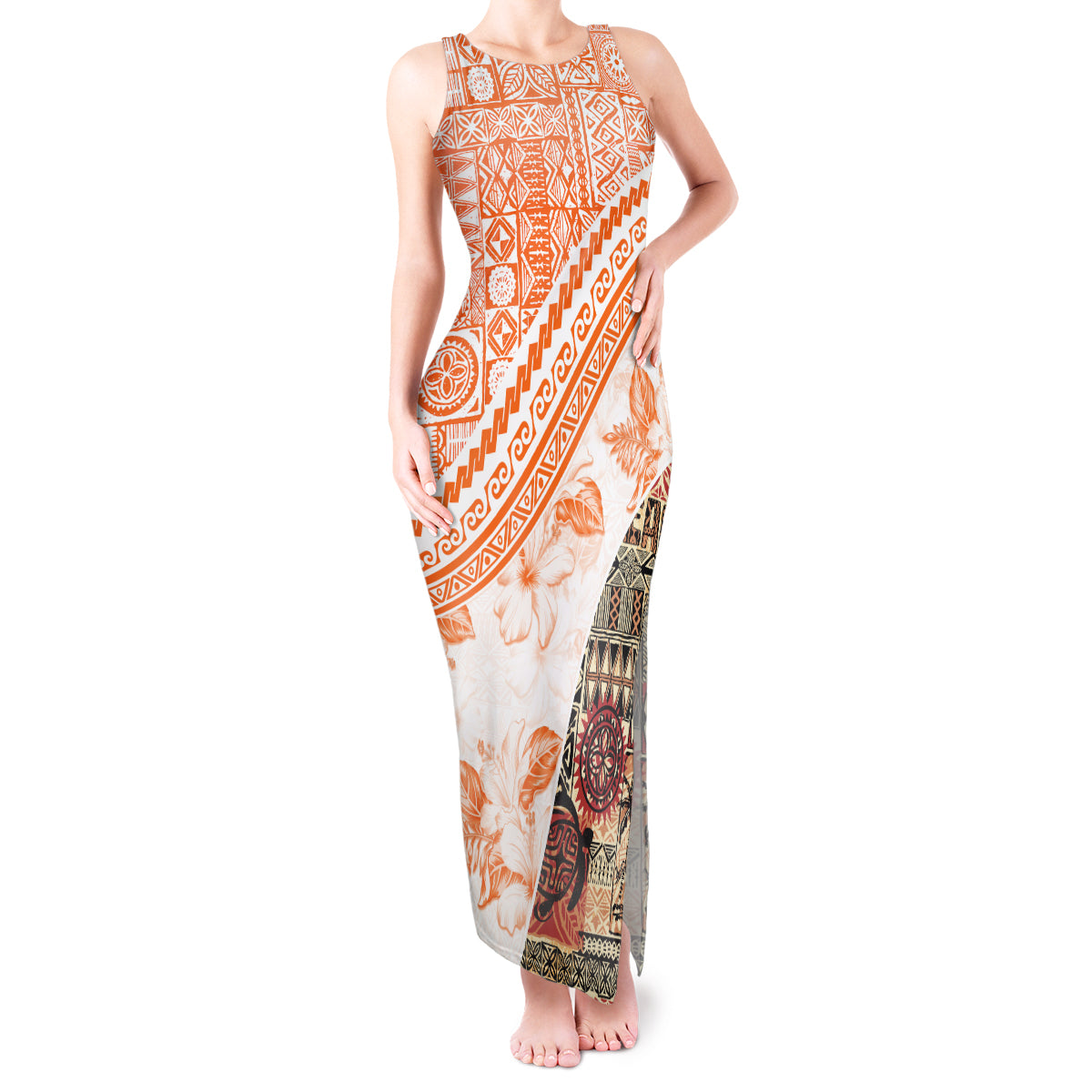 Hawaiian Tapa Tank Maxi Dress Traditional Vintage Pattern Orange LT05 Women Orange - Polynesian Pride