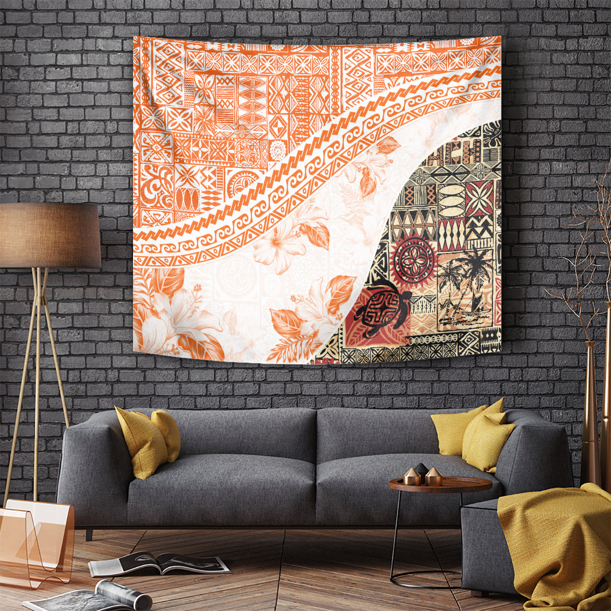 Hawaiian Tapa Tapestry Traditional Vintage Pattern Orange LT05 Orange - Polynesian Pride