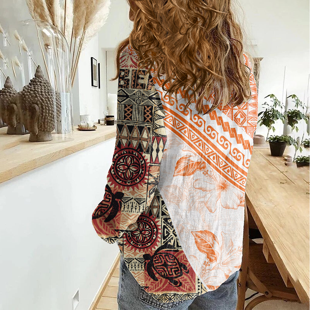 Hawaiian Tapa Women Casual Shirt Traditional Vintage Pattern Orange LT05 - Polynesian Pride