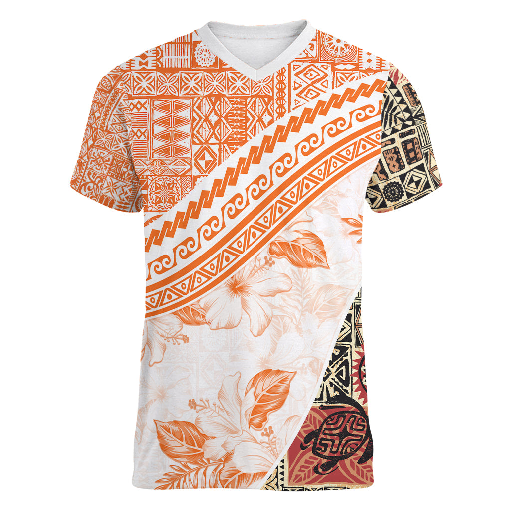 Hawaiian Tapa Women V Neck T Shirt Traditional Vintage Pattern Orange LT05 Female Orange - Polynesian Pride
