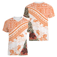 Hawaiian Tapa Women V Neck T Shirt Traditional Vintage Pattern Orange LT05 - Polynesian Pride