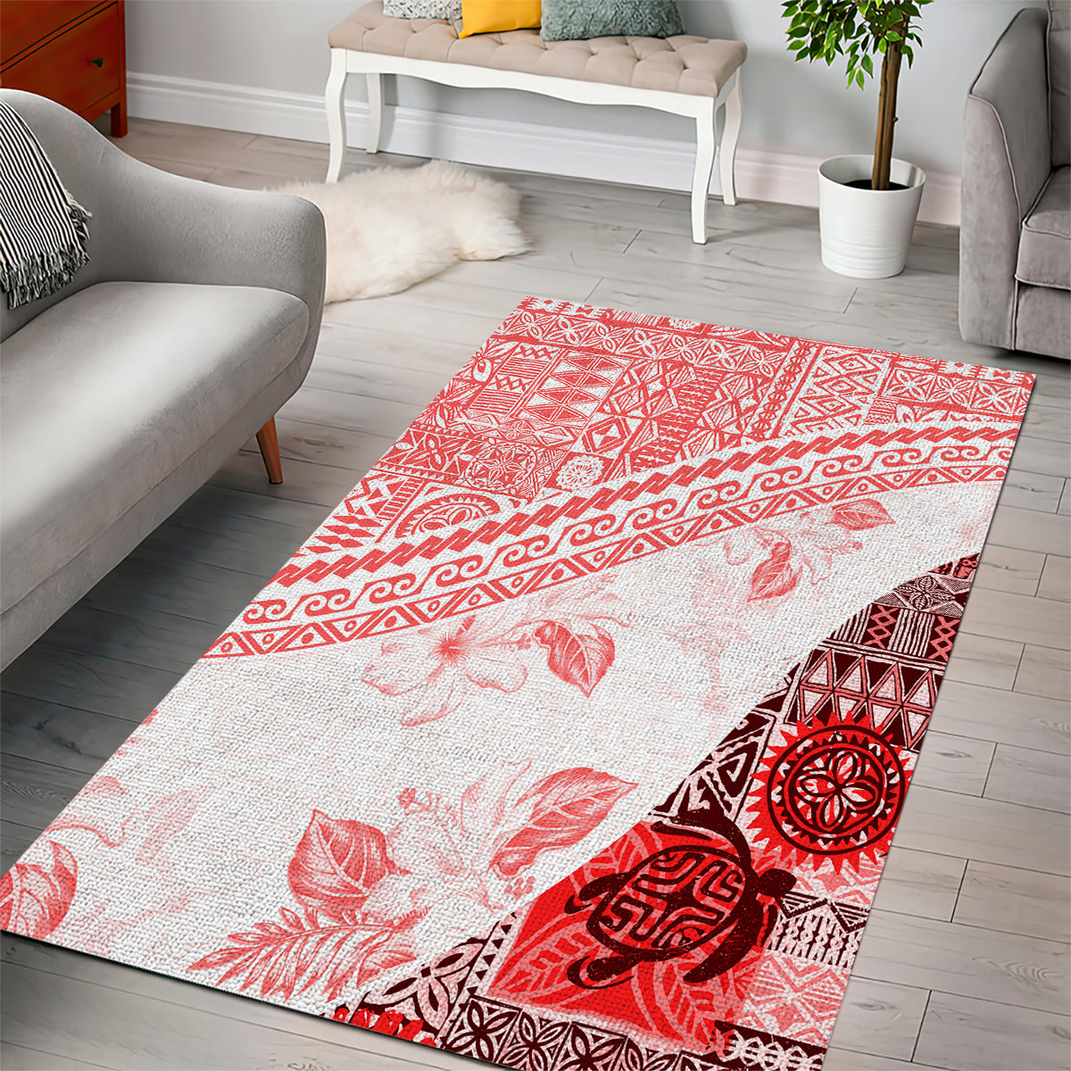 Hawaiian Tapa Area Rug Traditional Vintage Pattern Red LT05 - Polynesian Pride