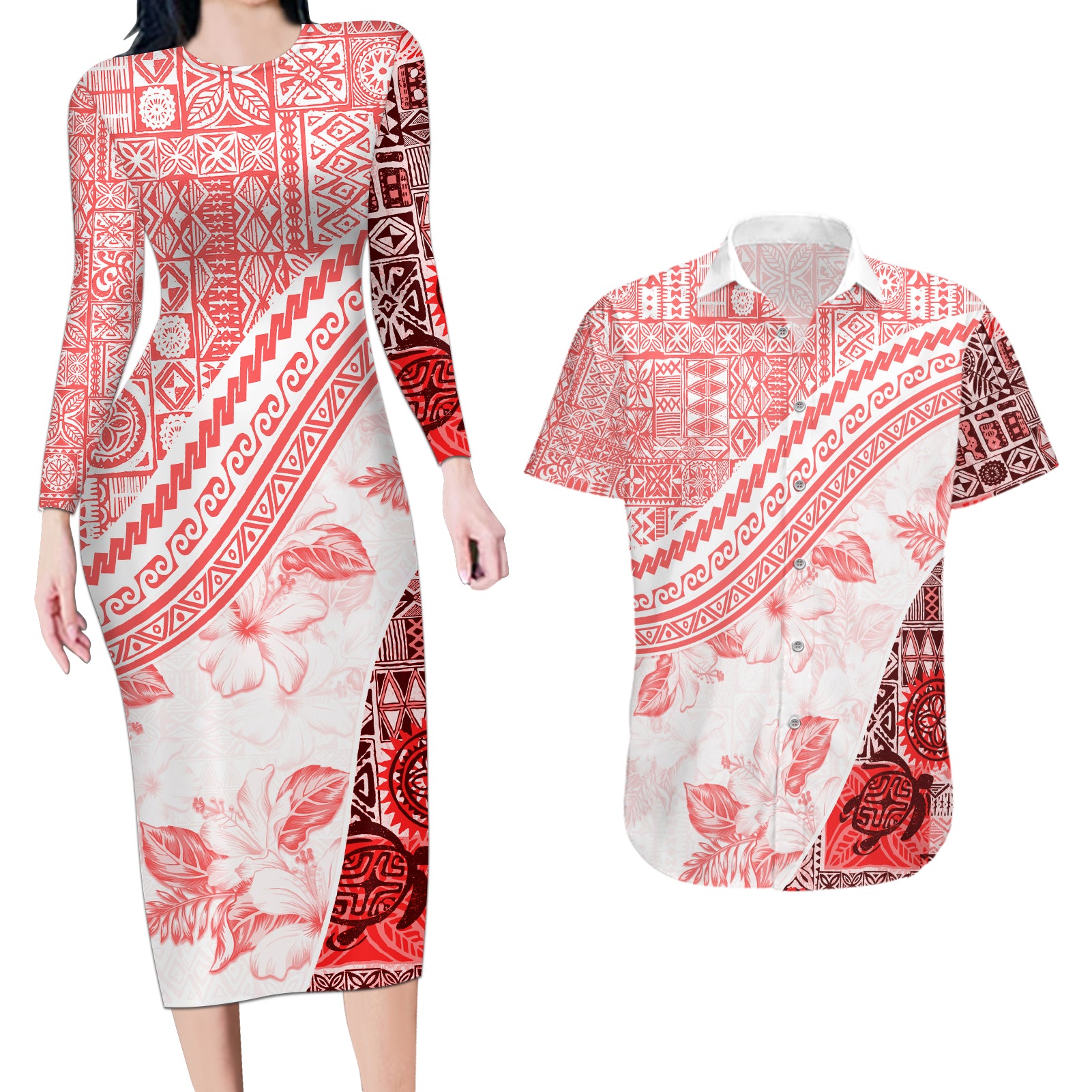 Hawaiian Tapa Couples Matching Long Sleeve Bodycon Dress and Hawaiian Shirt Traditional Vintage Pattern Red LT05 Red - Polynesian Pride