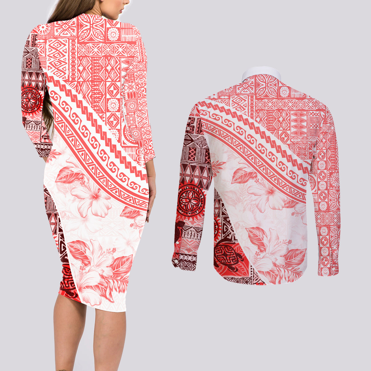 Hawaiian Tapa Couples Matching Long Sleeve Bodycon Dress and Long Sleeve Button Shirt Traditional Vintage Pattern Red LT05 - Polynesian Pride