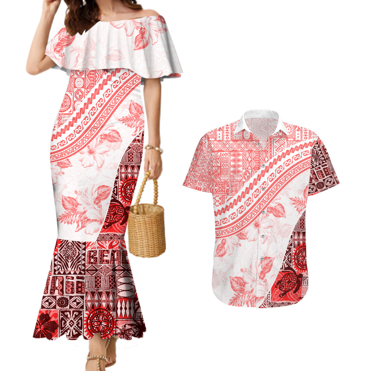 Hawaiian Tapa Couples Matching Mermaid Dress and Hawaiian Shirt Traditional Vintage Pattern Red LT05 Red - Polynesian Pride