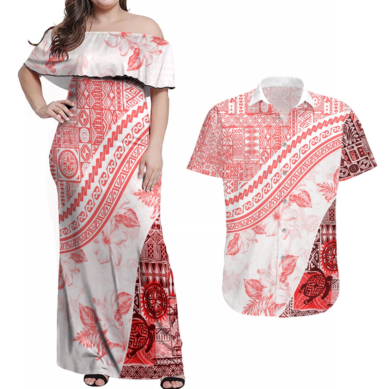 Hawaiian Tapa Couples Matching Off Shoulder Maxi Dress and Hawaiian Shirt Traditional Vintage Pattern Red LT05 Red - Polynesian Pride