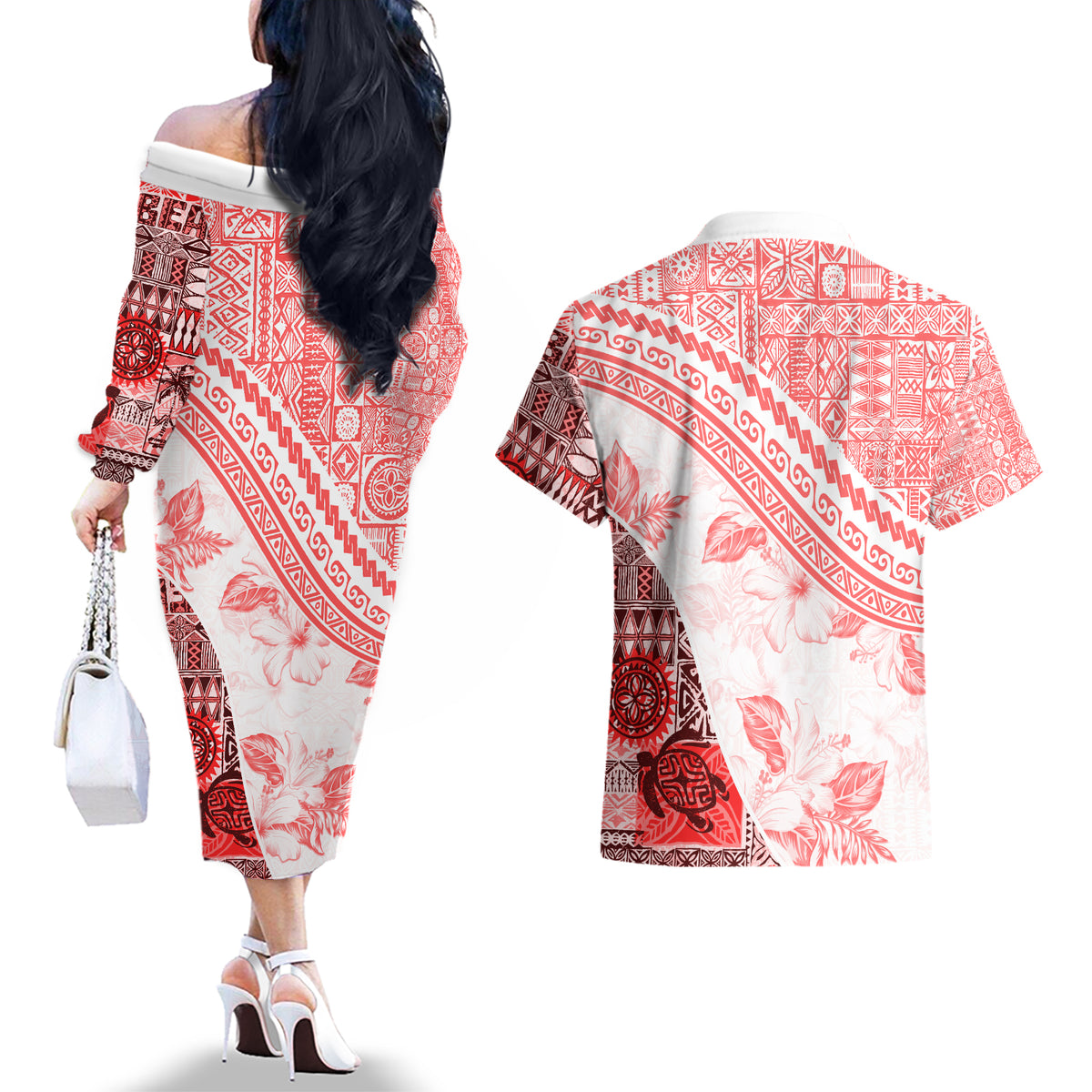 Hawaiian Tapa Couples Matching Off The Shoulder Long Sleeve Dress and Hawaiian Shirt Traditional Vintage Pattern Red LT05 - Polynesian Pride