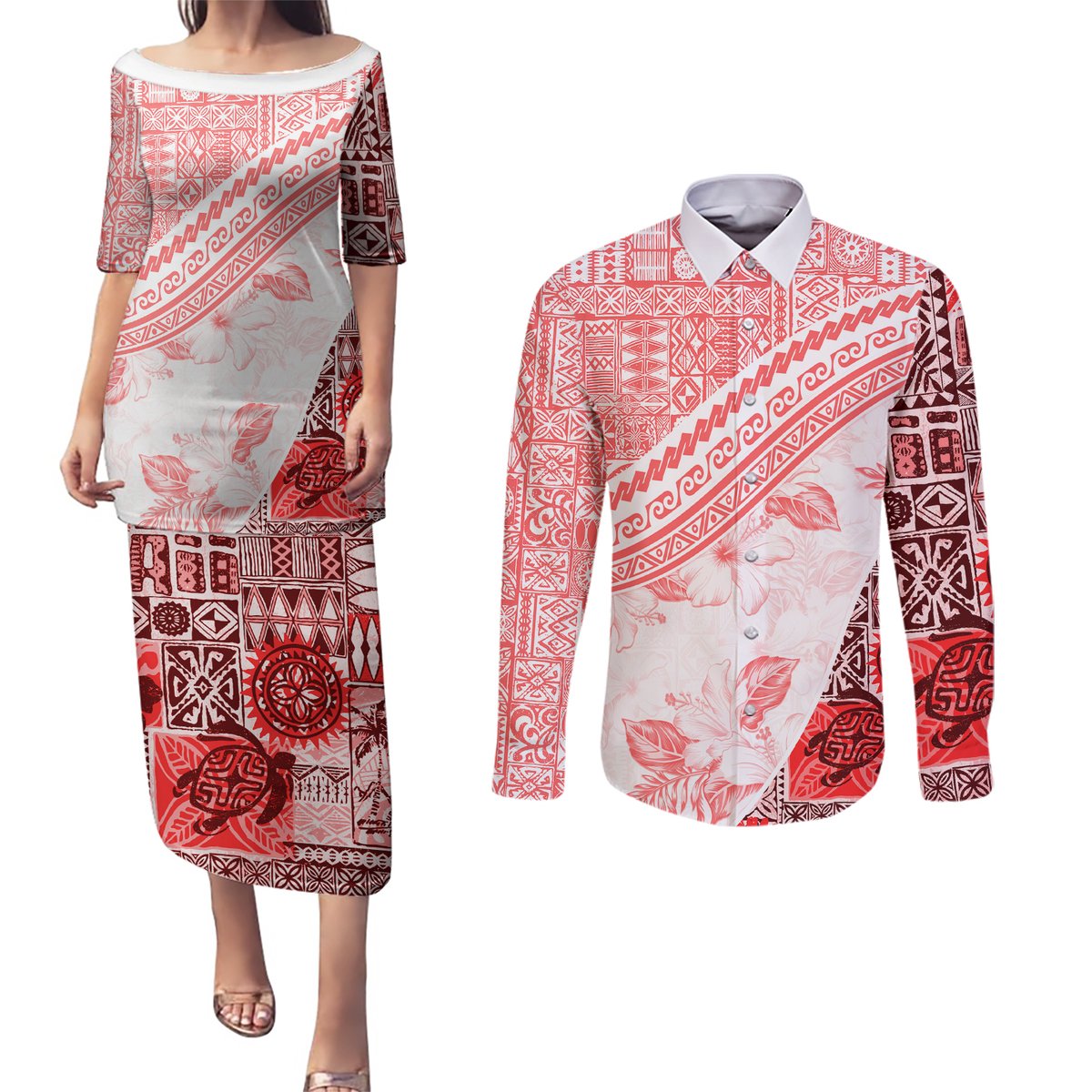 Hawaiian Tapa Couples Matching Puletasi Dress and Long Sleeve Button Shirt Traditional Vintage Pattern Red LT05 Red - Polynesian Pride