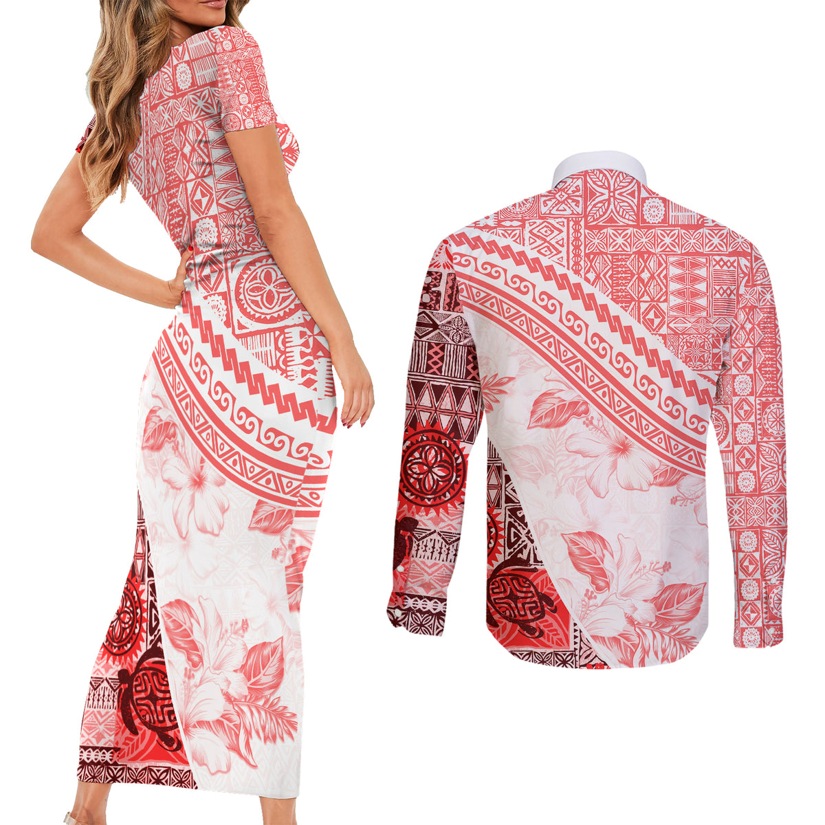 Hawaiian Tapa Couples Matching Short Sleeve Bodycon Dress and Long Sleeve Button Shirt Traditional Vintage Pattern Red LT05 - Polynesian Pride
