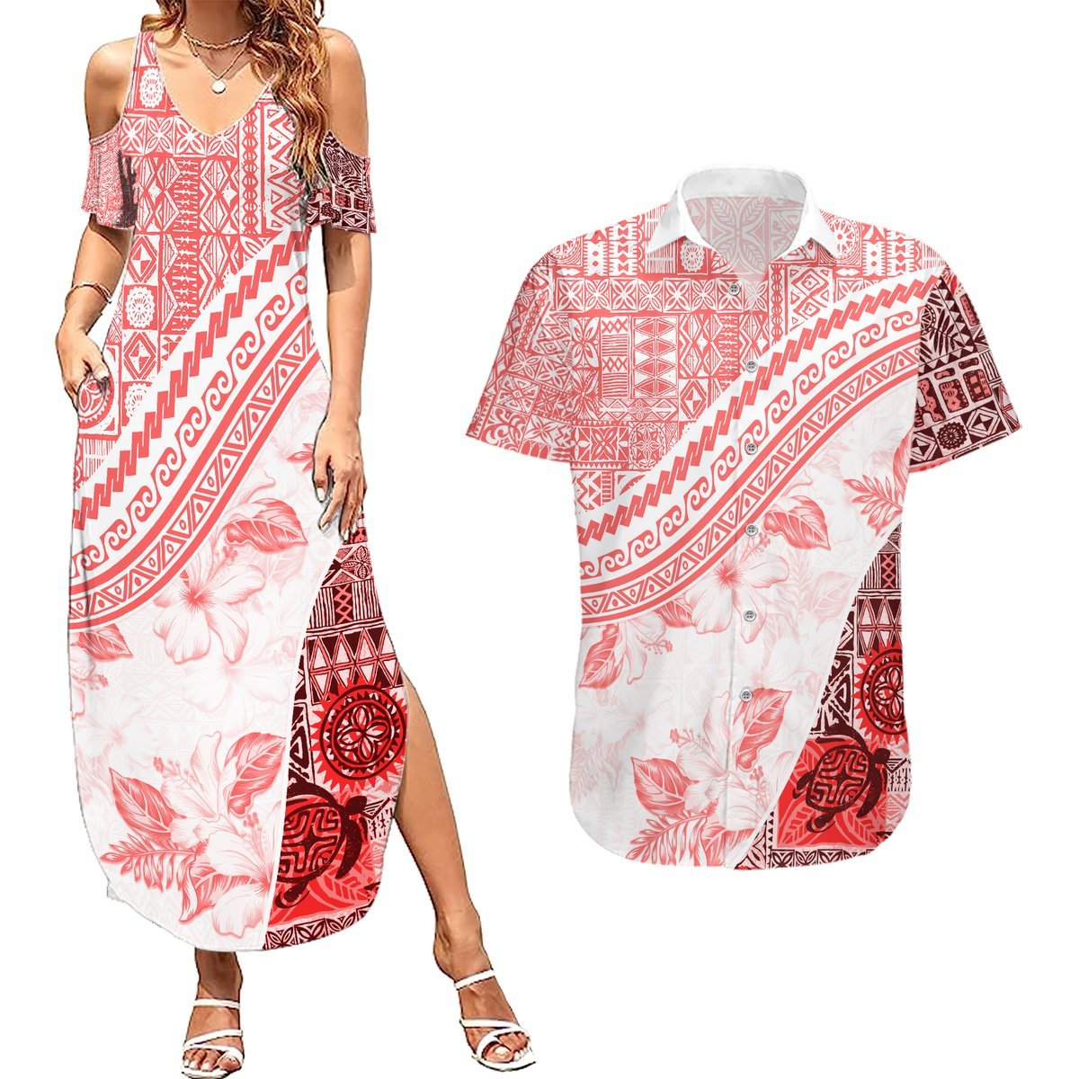 Hawaiian Tapa Couples Matching Summer Maxi Dress and Hawaiian Shirt Traditional Vintage Pattern Red LT05 Red - Polynesian Pride