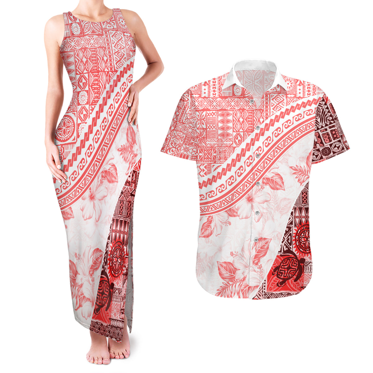 Hawaiian Tapa Couples Matching Tank Maxi Dress and Hawaiian Shirt Traditional Vintage Pattern Red LT05 Red - Polynesian Pride