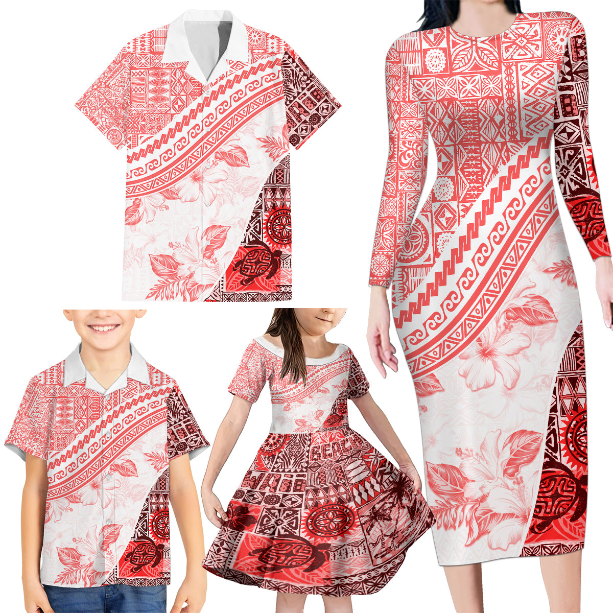 Hawaiian Tapa Family Matching Long Sleeve Bodycon Dress and Hawaiian Shirt Traditional Vintage Pattern Red LT05 - Polynesian Pride