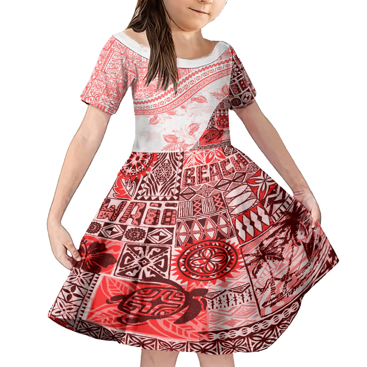 Hawaiian Tapa Family Matching Off Shoulder Short Dress and Hawaiian Shirt Traditional Vintage Pattern Red LT05 Daughter's Dress Red - Polynesian Pride