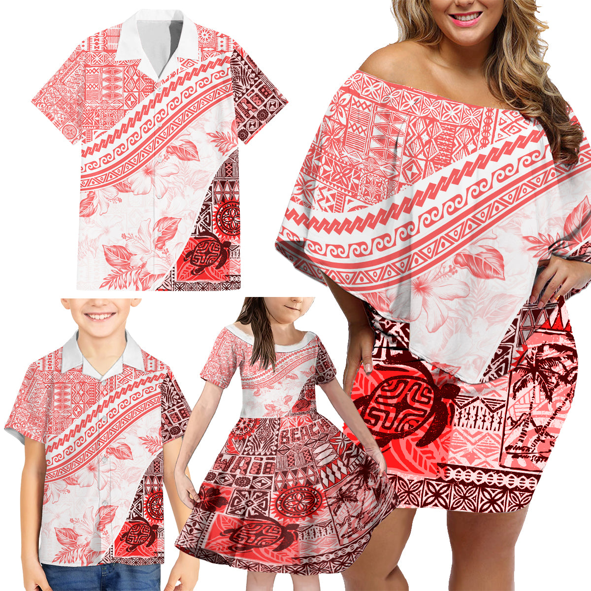 Hawaiian Tapa Family Matching Off Shoulder Short Dress and Hawaiian Shirt Traditional Vintage Pattern Red LT05 - Polynesian Pride