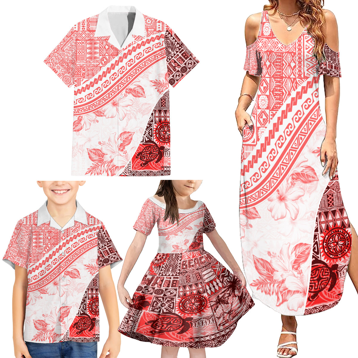 Hawaiian Tapa Family Matching Summer Maxi Dress and Hawaiian Shirt Traditional Vintage Pattern Red LT05 - Polynesian Pride