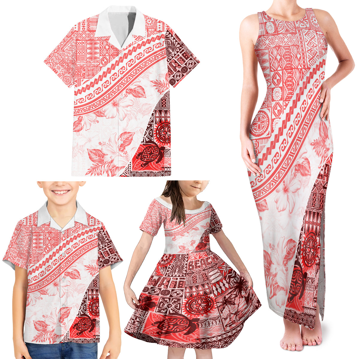 Hawaiian Tapa Family Matching Tank Maxi Dress and Hawaiian Shirt Traditional Vintage Pattern Red LT05 - Polynesian Pride