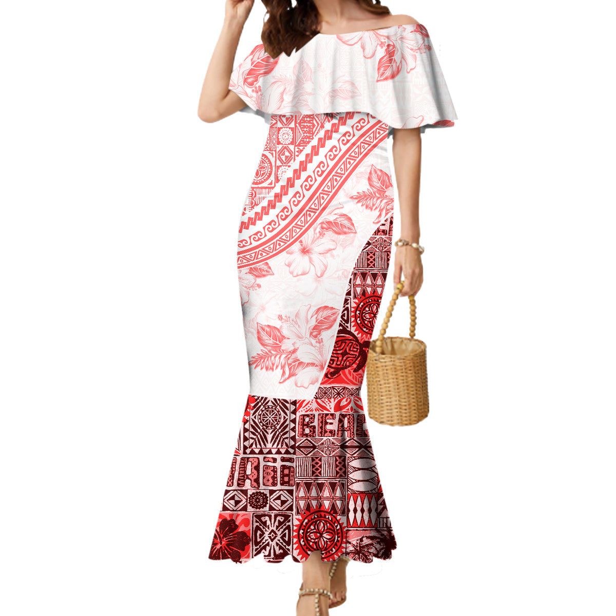 Hawaiian Tapa Mermaid Dress Traditional Vintage Pattern Red LT05 Women Red - Polynesian Pride