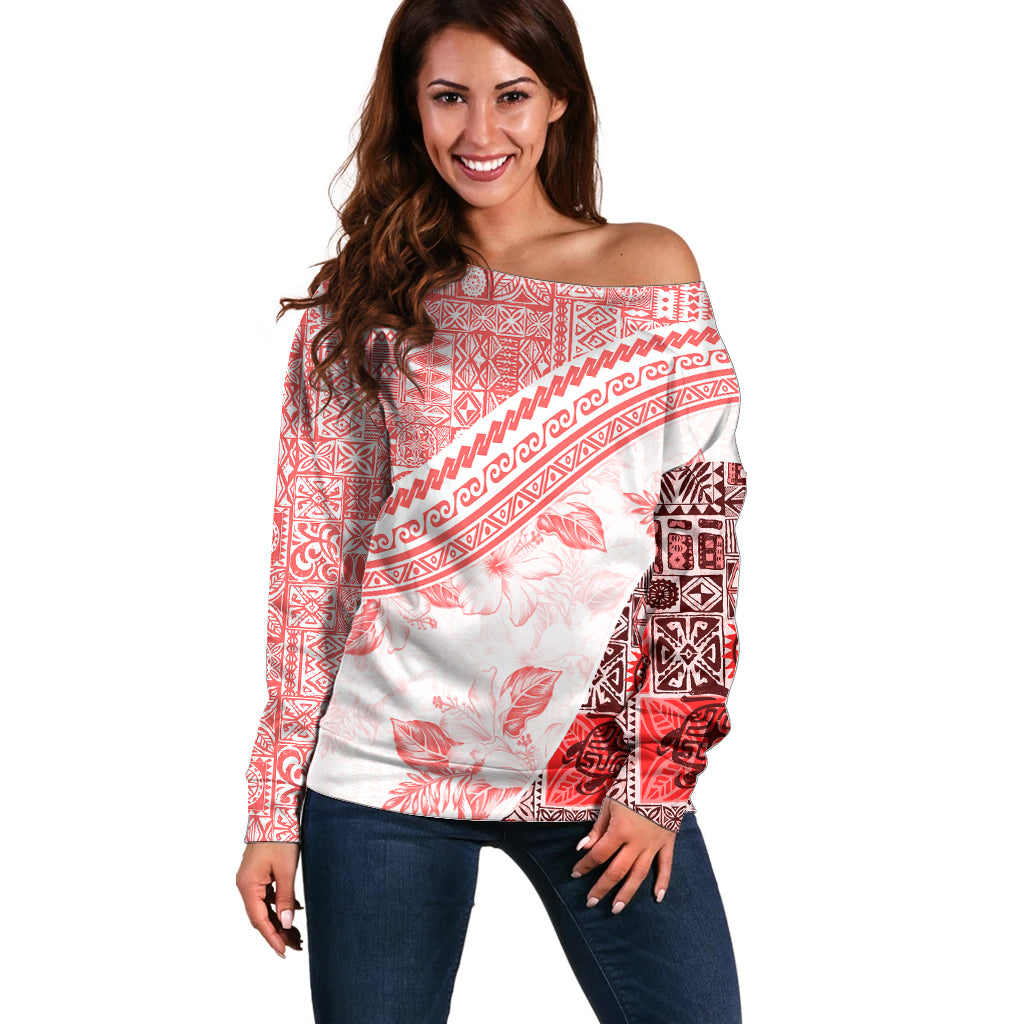 Hawaiian Tapa Off Shoulder Sweater Traditional Vintage Pattern Red LT05 Women Red - Polynesian Pride