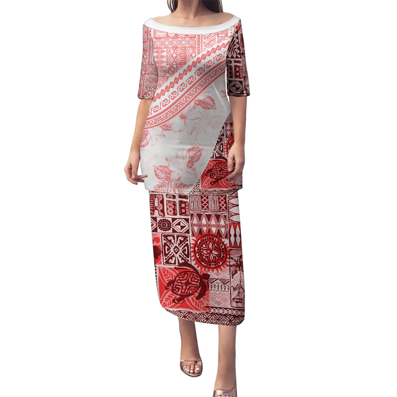 Hawaiian Tapa Puletasi Traditional Vintage Pattern Red LT05 Long Dress Red - Polynesian Pride