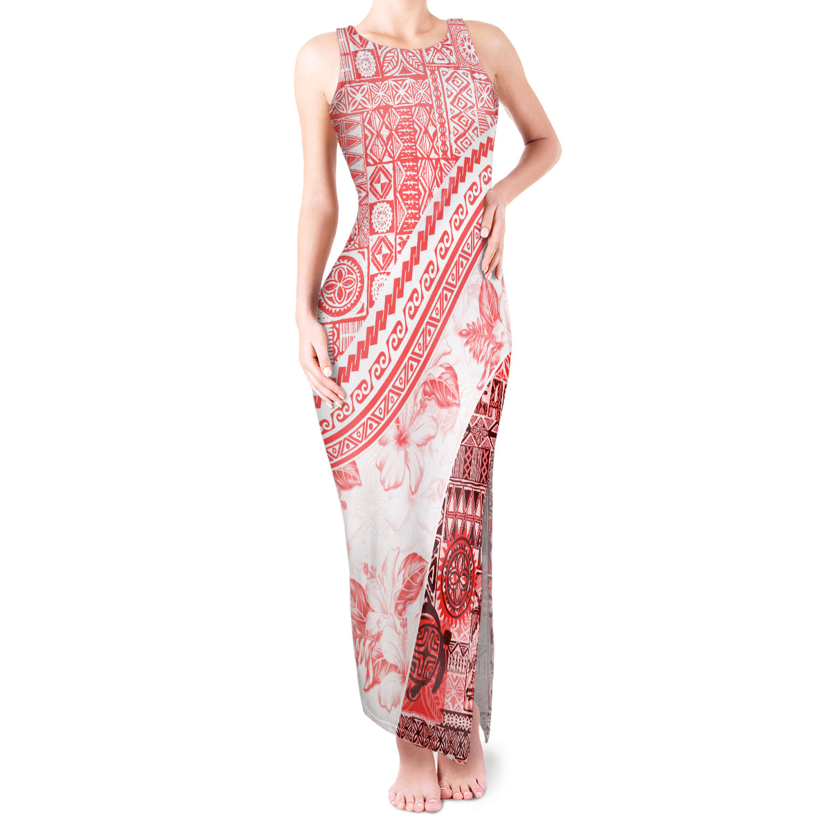 Hawaiian Tapa Tank Maxi Dress Traditional Vintage Pattern Red LT05 Women Red - Polynesian Pride