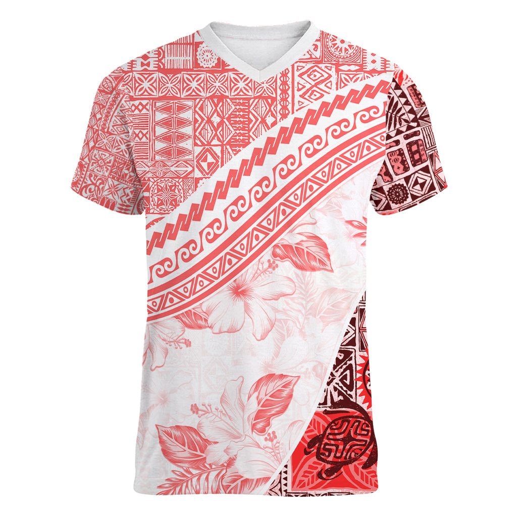 Hawaiian Tapa Women V Neck T Shirt Traditional Vintage Pattern Red LT05 Female Red - Polynesian Pride