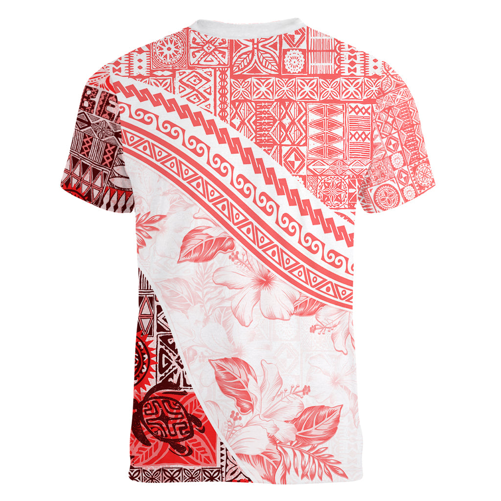 Hawaiian Tapa Women V Neck T Shirt Traditional Vintage Pattern Red LT05 - Polynesian Pride