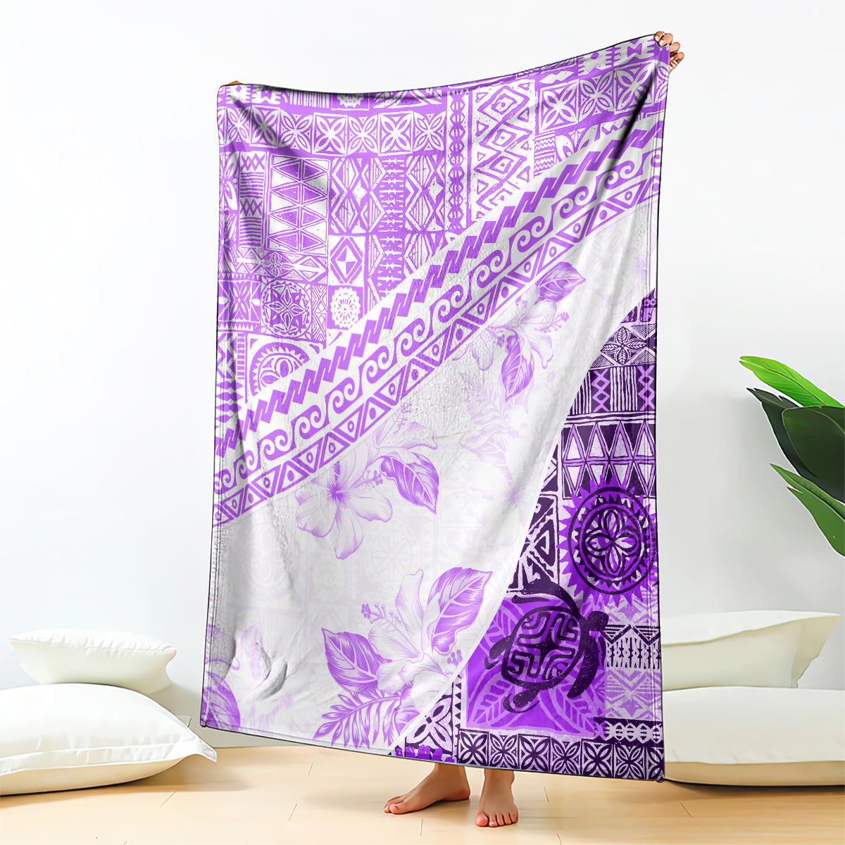 Hawaiian Tapa Blanket Traditional Vintage Pattern Violet LT05 Violet - Polynesian Pride