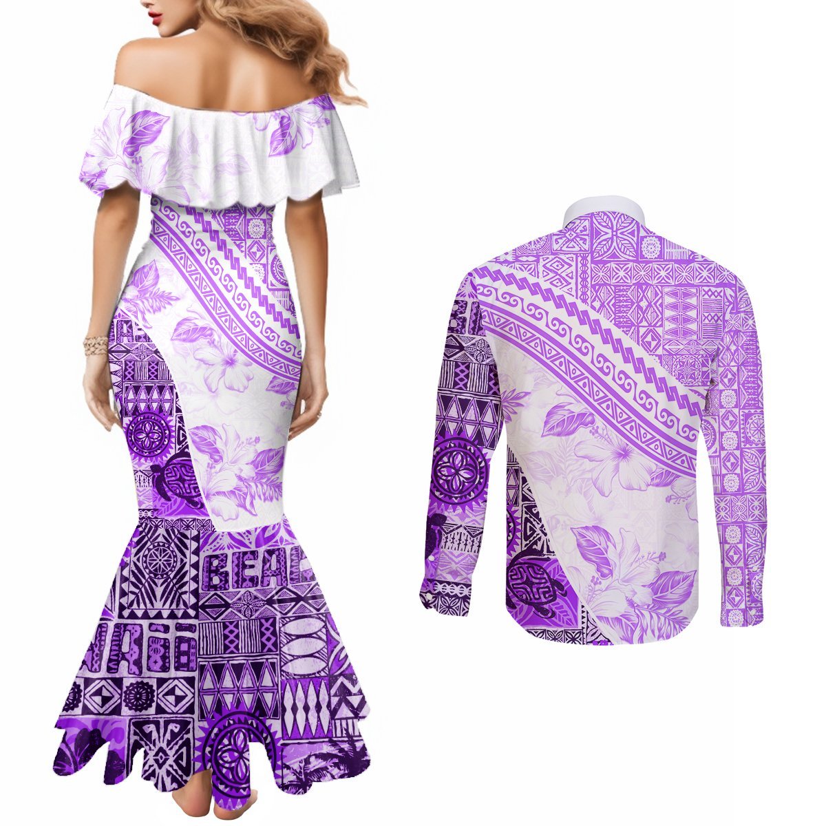 Hawaiian Tapa Couples Matching Mermaid Dress and Long Sleeve Button Shirt Traditional Vintage Pattern Violet LT05 - Polynesian Pride
