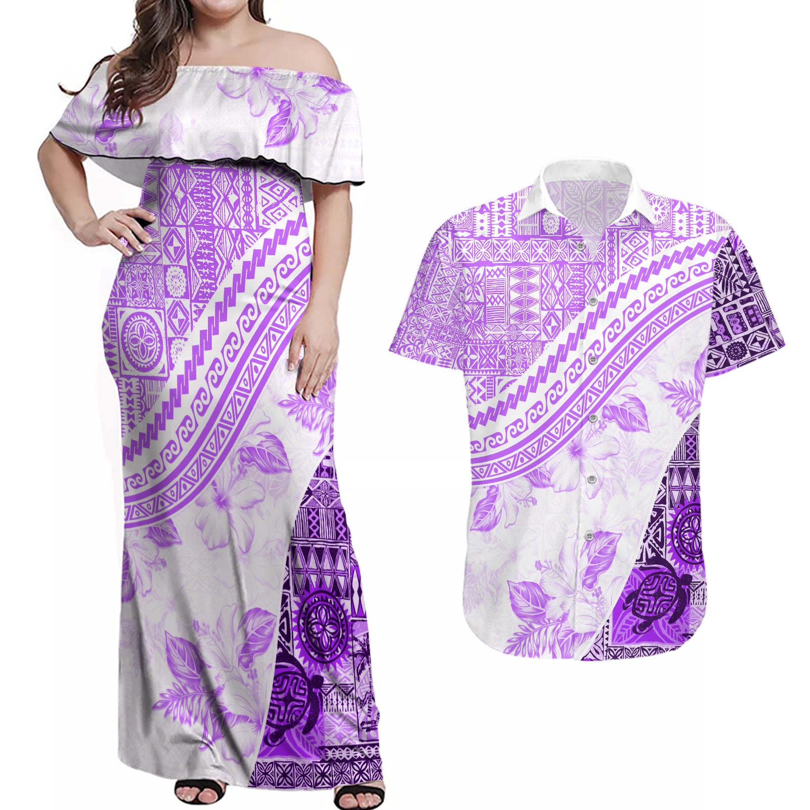 Hawaiian Tapa Couples Matching Off Shoulder Maxi Dress and Hawaiian Shirt Traditional Vintage Pattern Violet LT05 Violet - Polynesian Pride