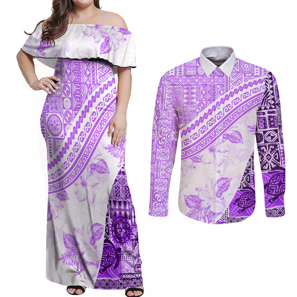 Hawaiian Tapa Couples Matching Off Shoulder Maxi Dress and Long Sleeve Button Shirt Traditional Vintage Pattern Violet LT05 Violet - Polynesian Pride