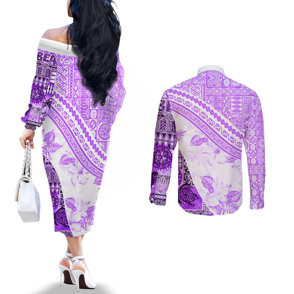 Hawaiian Tapa Couples Matching Off The Shoulder Long Sleeve Dress and Long Sleeve Button Shirt Traditional Vintage Pattern Violet LT05 - Polynesian Pride