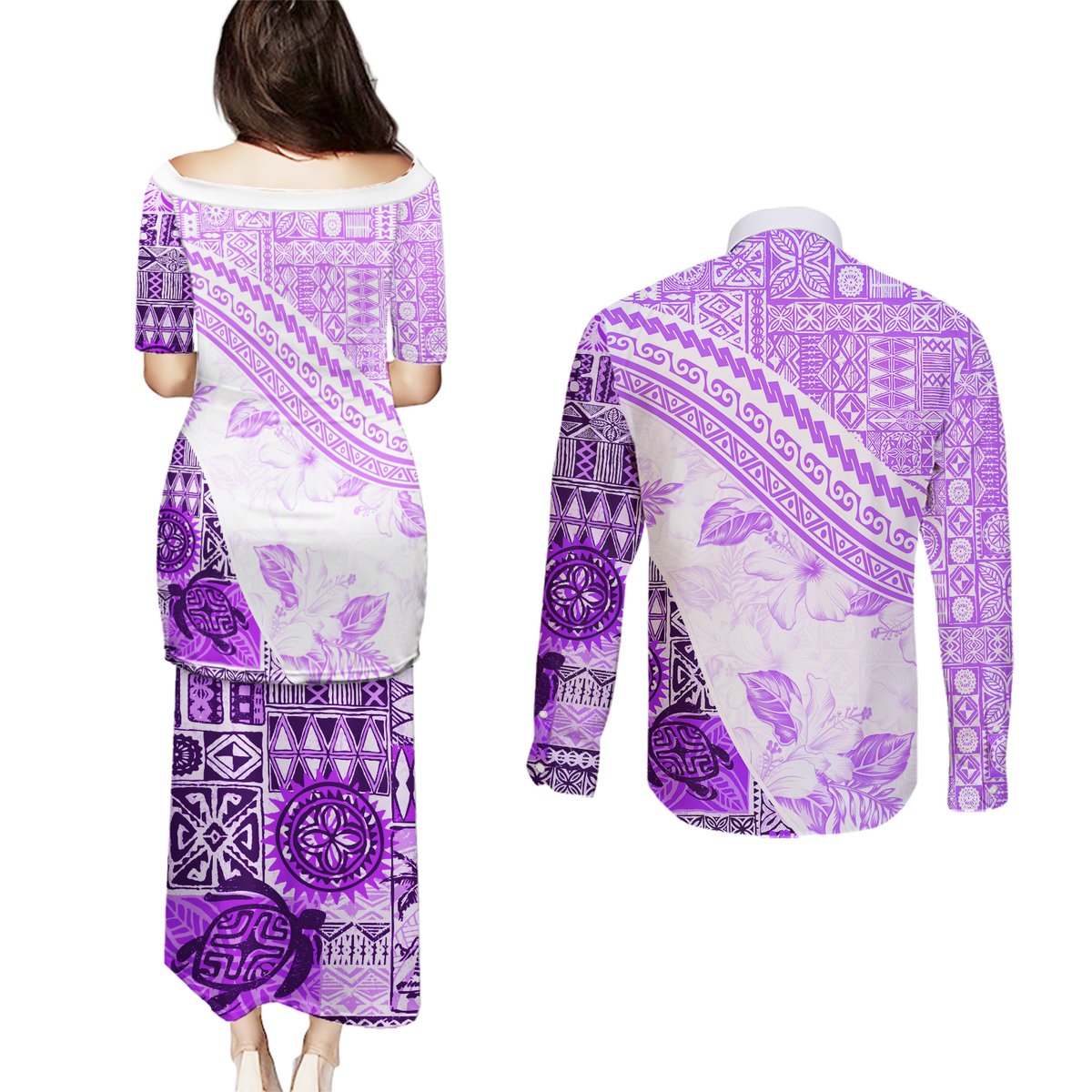 Hawaiian Tapa Couples Matching Puletasi Dress and Long Sleeve Button Shirt Traditional Vintage Pattern Violet LT05 - Polynesian Pride