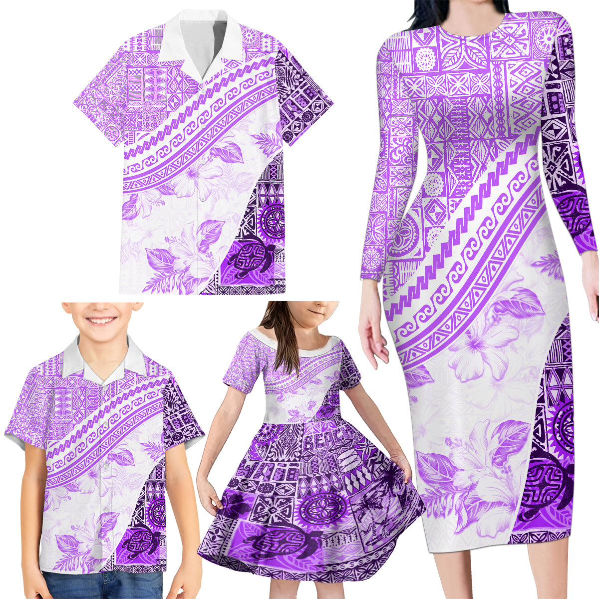 Hawaiian Tapa Family Matching Long Sleeve Bodycon Dress and Hawaiian Shirt Traditional Vintage Pattern Violet LT05 - Polynesian Pride