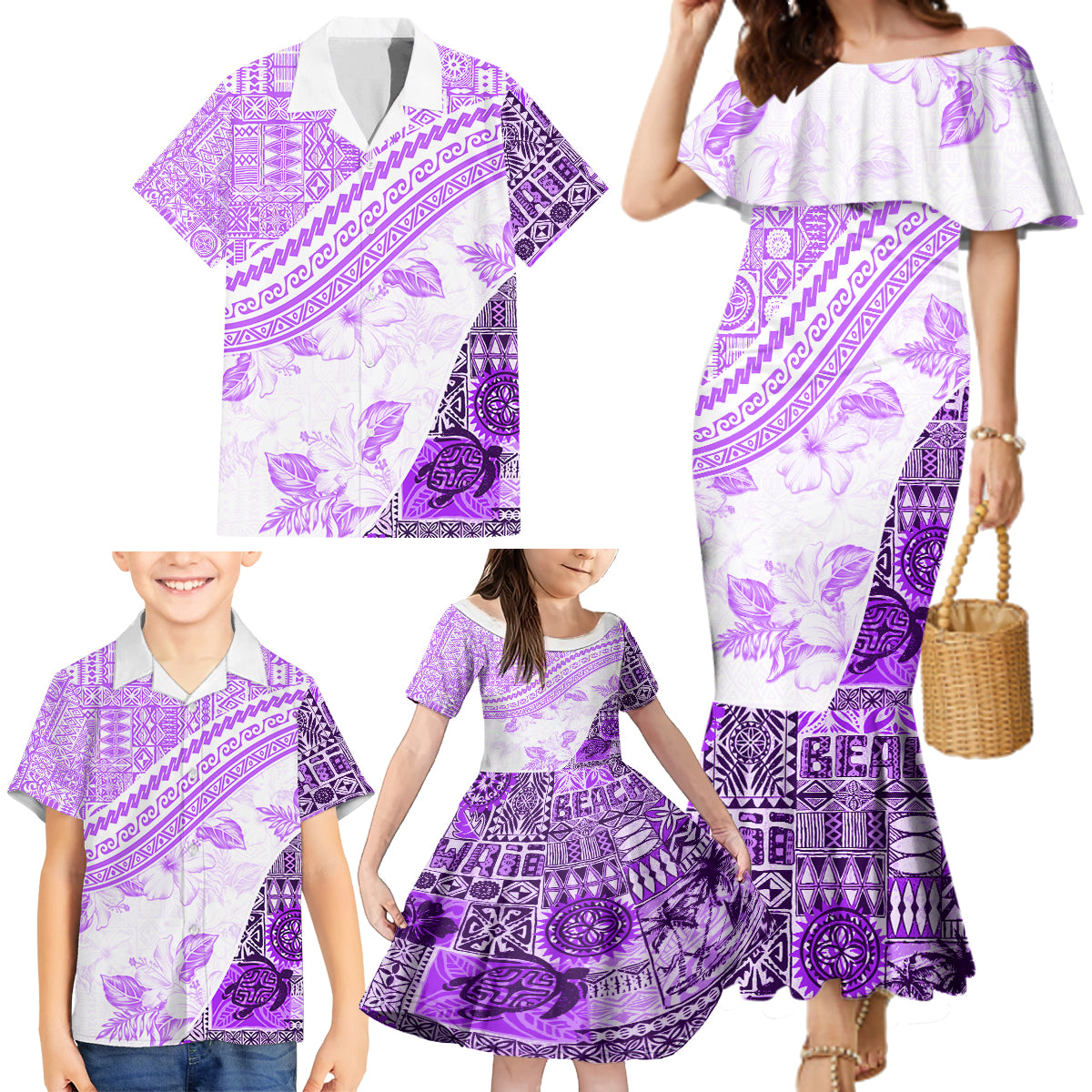 Hawaiian Tapa Family Matching Mermaid Dress and Hawaiian Shirt Traditional Vintage Pattern Violet LT05 - Polynesian Pride