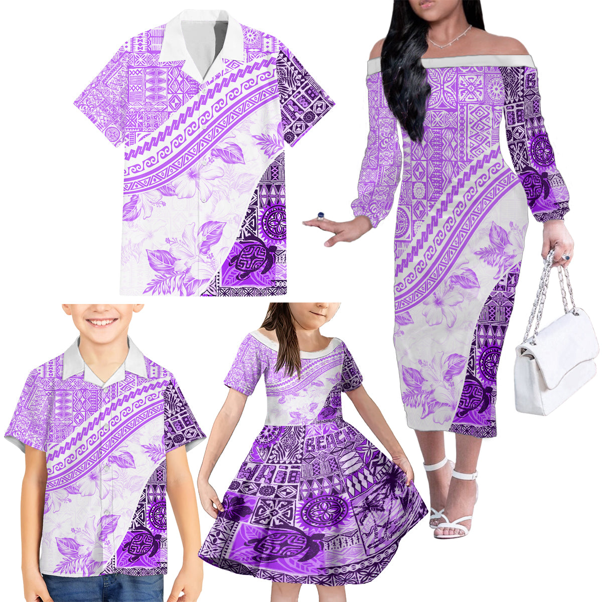 Hawaiian Tapa Family Matching Off Shoulder Long Sleeve Dress and Hawaiian Shirt Traditional Vintage Pattern Violet LT05 - Polynesian Pride